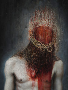 Agostino Arrivabene, Sacro sangue, 2016, particolare, olio su legno antico, cm 81x65