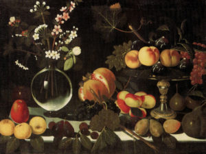 Maestro di Hartford, Alzatina con fichi, pesche e uva, vaso di fiori e frutta su tavolo, Galleria Estense Modena